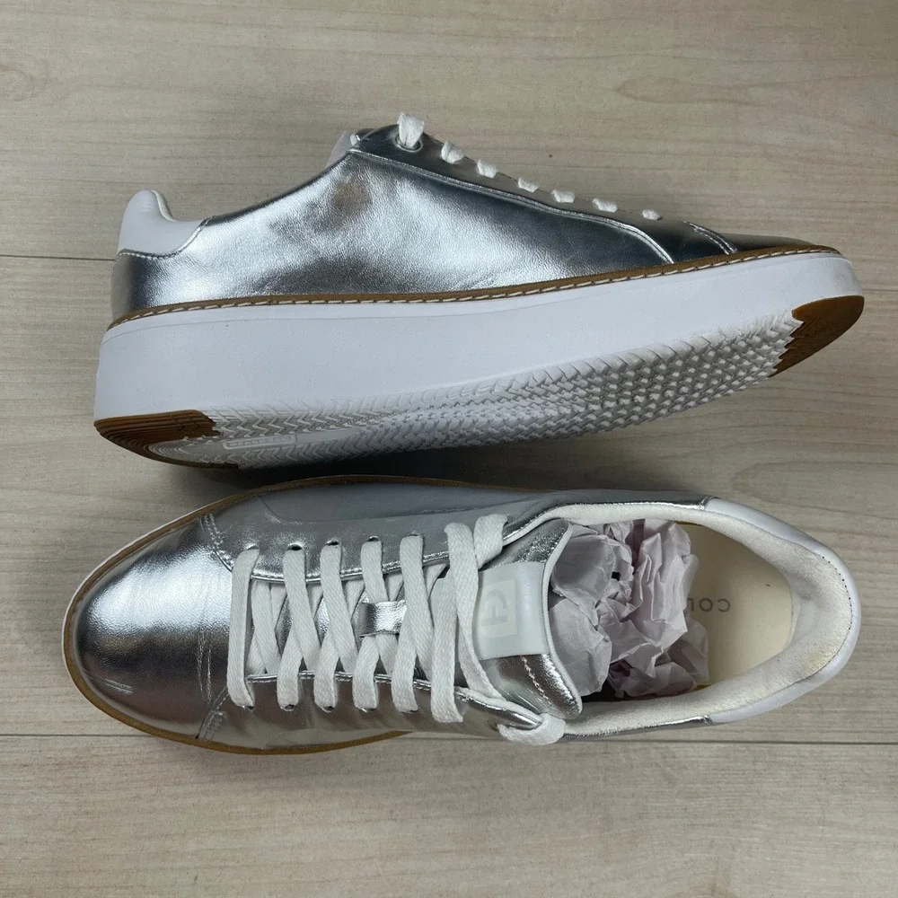 Cole Haan GrandPro Rally Court Metallic Silver Leather Platform Sneakers 7C